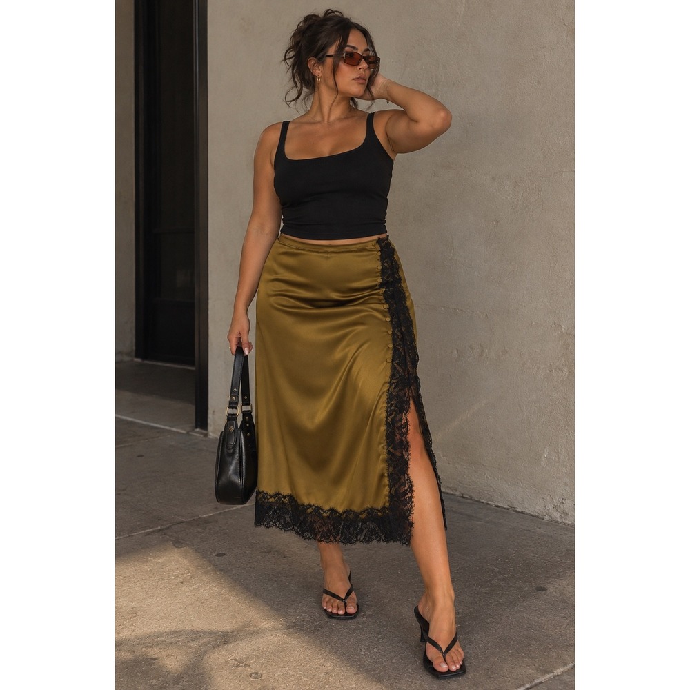Victoria's Secret Olive Gold Satin Lace Trim Midi Skirt Side Slit Large NWT